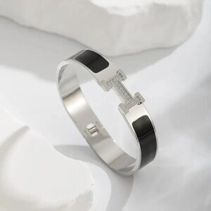 High Polished Enamel Bangle - Black with CZ's